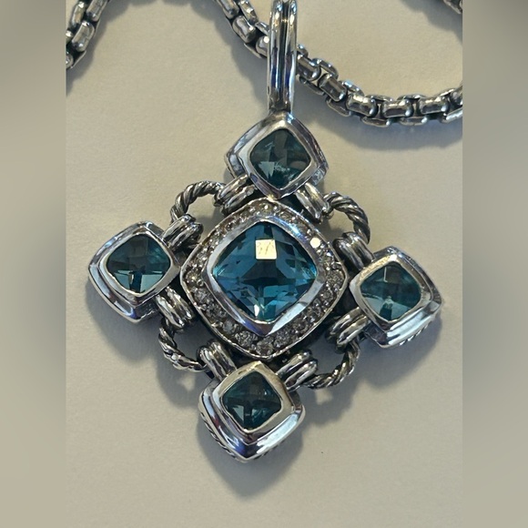 David Yurman Sterling Blue Topaz Diamond Accent Maltese Cross Pendant Box Chain - Picture 8 of 10